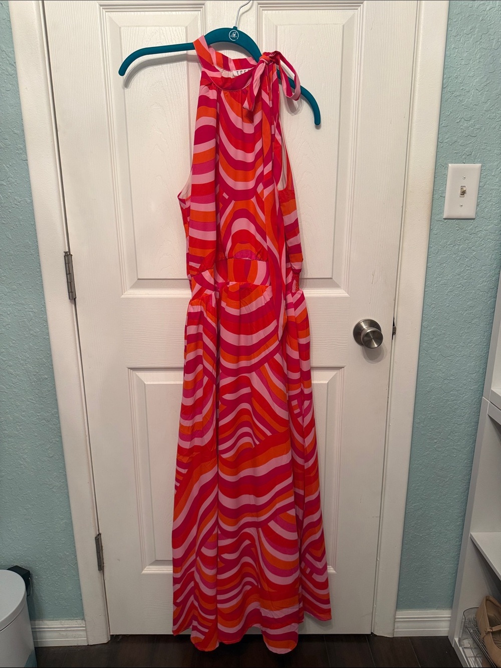 EUC TCEC Pink & Orange Striped Halter Dress Large